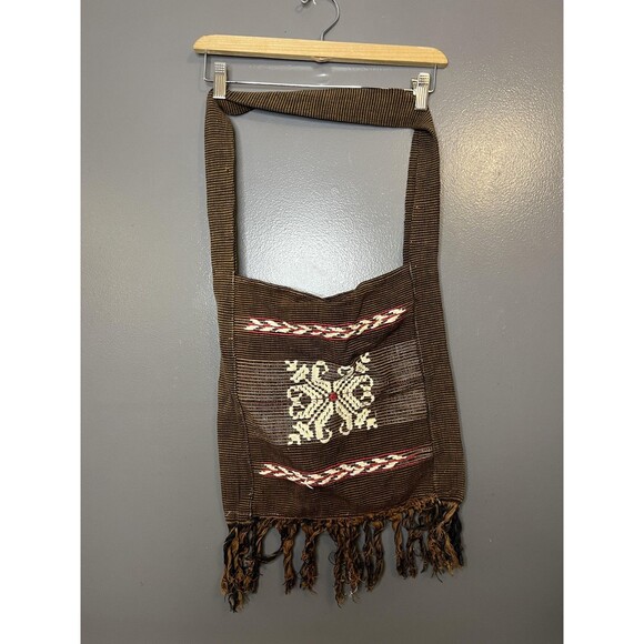Handmade Woven Shoulder Bag Womens One Size Brown Boho Fringe Crossbody Tribal - Picture 3 of 8